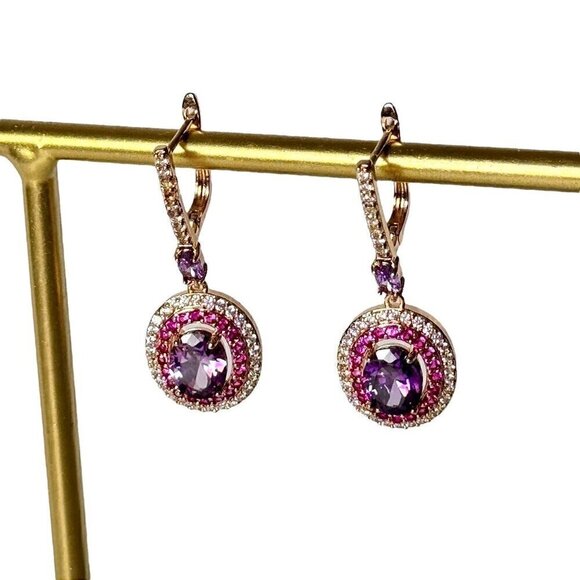 NWT Vintage Style Crystal Huggie Drop Earrings 14K Gold Plated Pink Purple - Picture 3 of 10